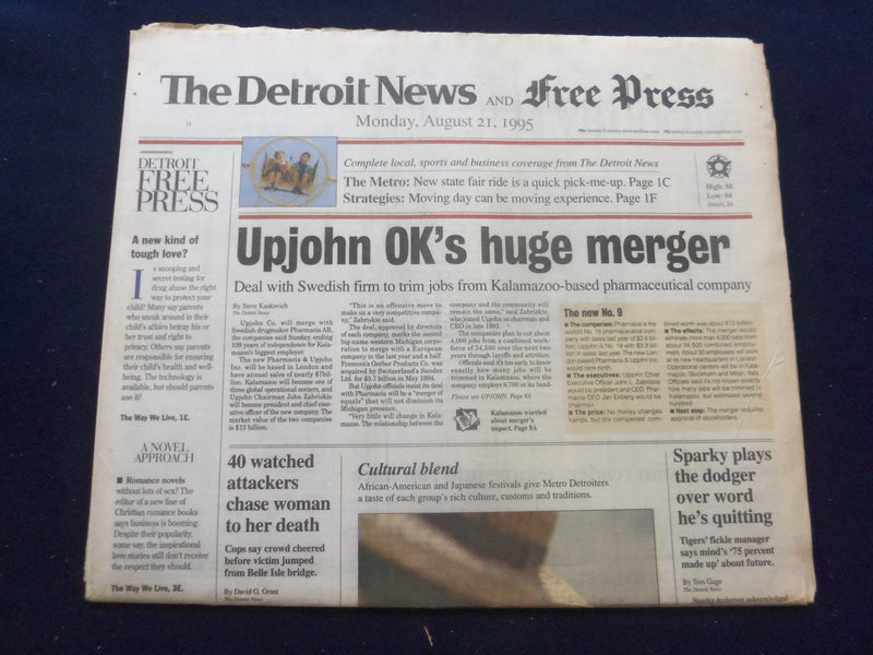 1995 AUG 21 DETROIT NEWS/FREE PRESS NEWSPAPER - UPJOHN OK'S HUGE MERGER- NP 7206