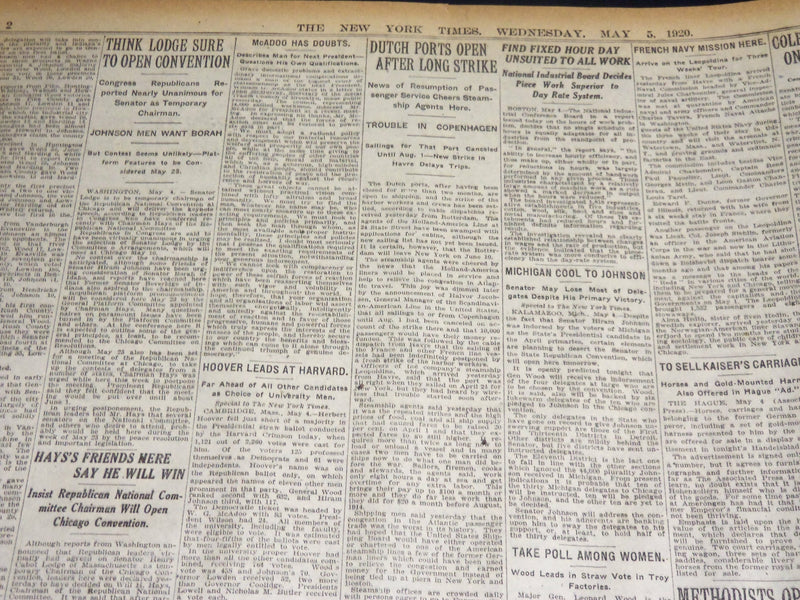 1920 MAY 5 NEW YORK TIMES NEWSPAPER - WOOD LEADS JOHNSON IN INDIANA - NT 8668