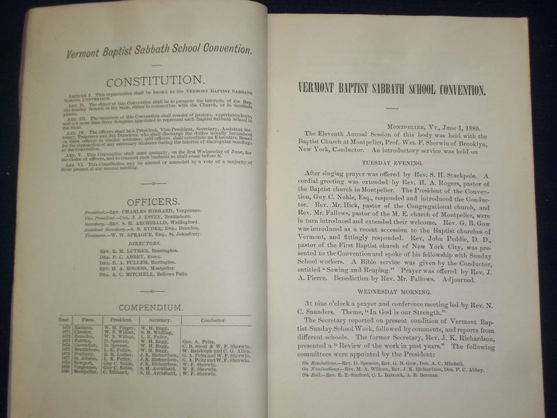 1880 VERMONT BAPTIST ANNIVERSARIES MINUTES - J 4475