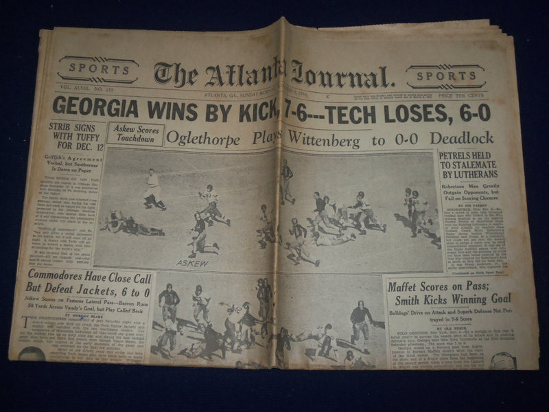 1930 NOVEMBER 9 ATLANTA JOURNAL NEWSPAPER - GEORGIA WINS BY KICK 7-6 - NP 972E