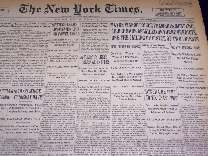 1931 JANUARY 10 NEW YORK TIMES - MAYOR WARNS POLICE FRAMEUPS MUST END - NT 2452