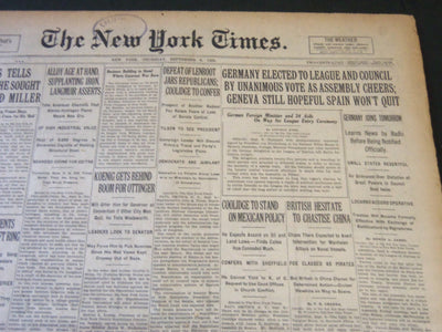 1926 SEPTEMBER 9 NEW YORK TIMES - GERMANY ELECTED TO LEAGUE AND COUNCIL- NT 5564