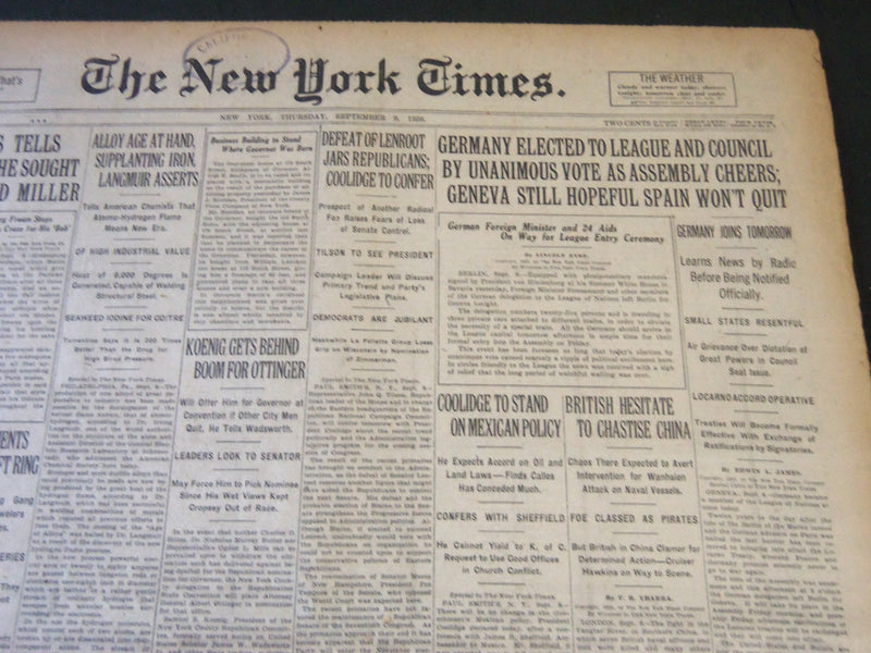 1926 SEPTEMBER 9 NEW YORK TIMES - GERMANY ELECTED TO LEAGUE AND COUNCIL- NT 5564