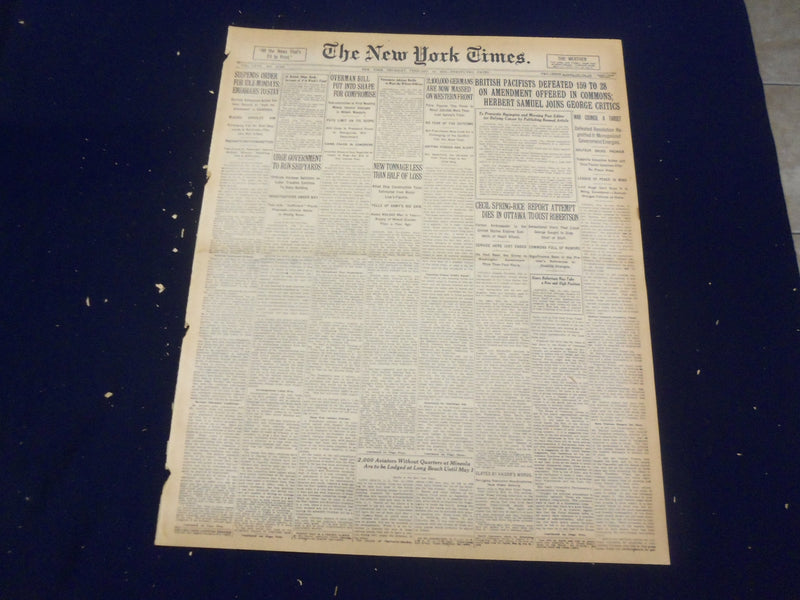 1918 FEBRUARY 14 NEW YORK TIMES - BRITISH PACIFISTS DEFEATED 159 TO 28 - NT 8240