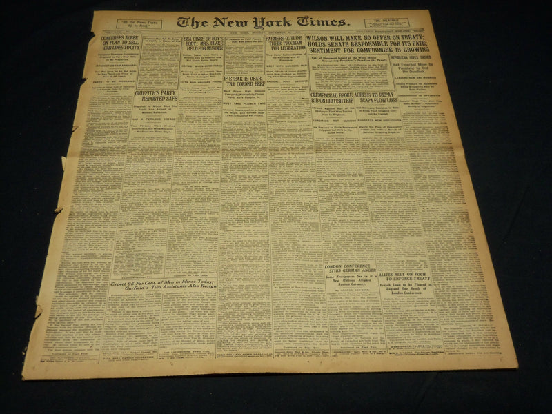 1919 DECEMBER 15 NEW YORK TIMES - WILSON WILL MAKE NO OFFER ON TREATY - NT 8542