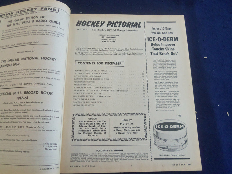 1961 DECEMBER HOCKEY PICTORIAL MAGAZINE - BOB PULFORD COVER - ST 200N