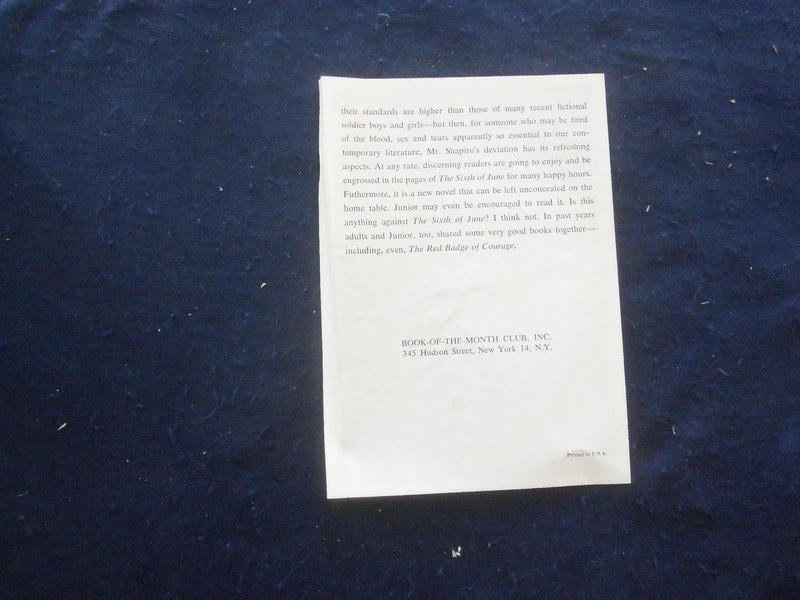 1955 THE SIXTH OF JUNE HARDCOVER BOOK BY LIONEL SHAPIRO - KD 8209