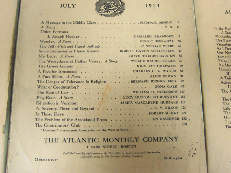 1914 THE ATLANTIC MONTHLY MAGAZINE LOT 6 ISSUES - STORIES & ARTICLES - WR 341C