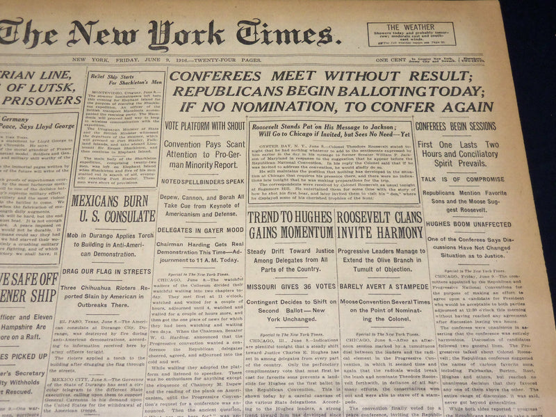 1916 JUNE 9 NEW YORK TIMES NEWSPAPER - TREND TO HUGHES GAINS MOMENTUM - NT 8609