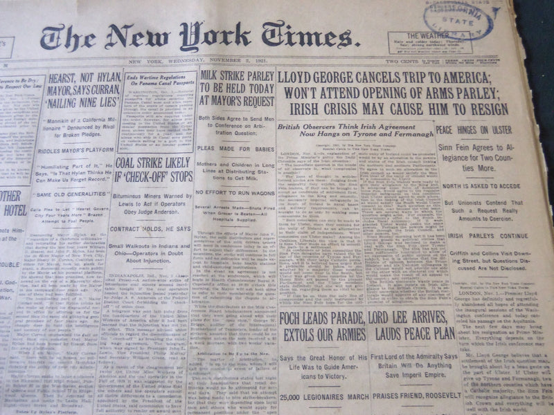 1921 NOVEMBER 2 NEW YORK TIMES - LLOYD GEORGE CANCELS TRIP TO AMERICA - NT 6147