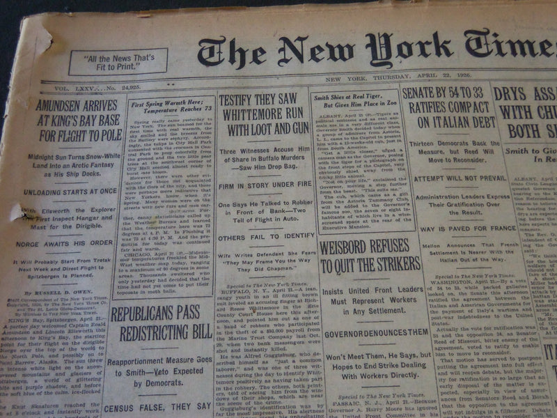 1926 APRIL 22 NEW YORK TIMES - AMUNDSEN ARRIVES AT KING'S BAY BASE - NT 5582