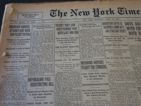 1926 APRIL 22 NEW YORK TIMES - AMUNDSEN ARRIVES AT KING'S BAY BASE - NT 5582