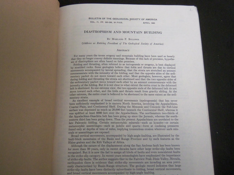1960 DIASTROPHISM AND MOUNTAIN BUILDING BY MARLAND BILLINGS - J 4995