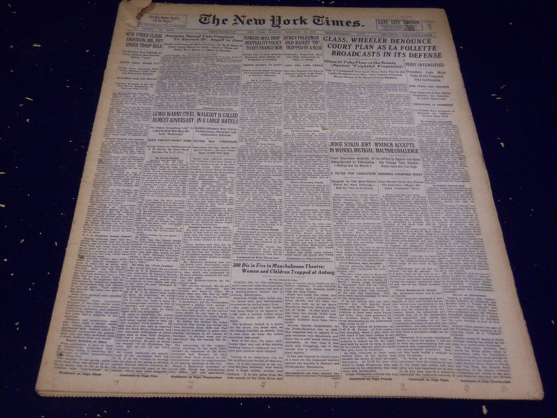 1937 FEBRUARY 14 NEW YORK TIMES - GLASS, WHEELER DENOUNCE COURT PLAN - NT 3104
