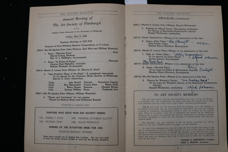 1938 MAY 6 THE ART SOCIETY OF PITTSBURGH PROGRAM - K 2465