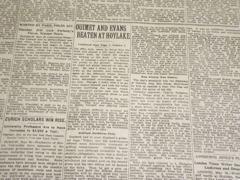 1921 MAY 25 NEW YORK TIMES - OUIMET AND EVANS BEATEN - JONES WINS - NT 8597