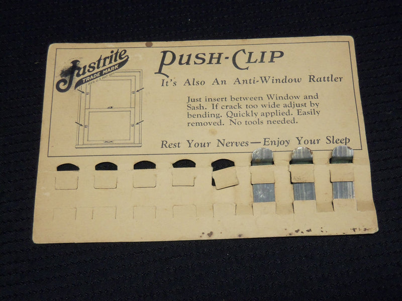 1928 VINTAGE JUSTRITE PUSH-CLIP CARD W/ 3 CLIPS - KEEPS WIRES OFF FLOOR - J 9901