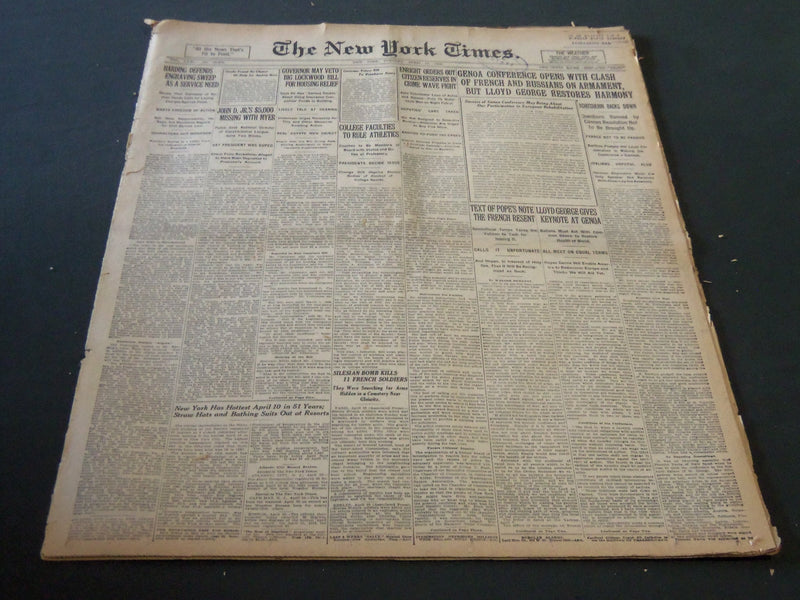 1922 APRIL 11 NEW YORK TIMES - GENOA CONFERENCE OPENS WITH A CLASH - NT 5765