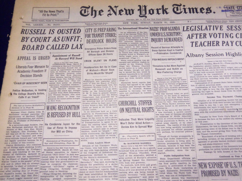 1940 MARCH 31 NEW YORK TIMES - BERTRAND RUSSELL OUSTED BY COURT - NT 2684