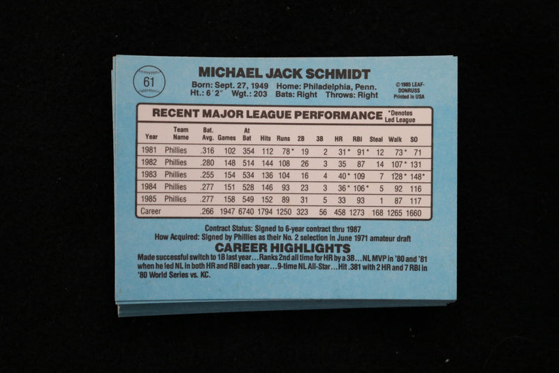 MIKE SCHMIDT 1986 DONRUSS BASEBALL CARDS - CARD #61 - NM-MT - LOT OF 27 - #31