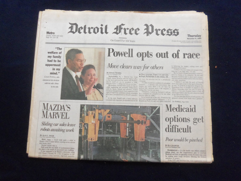 1995 NOV 9 DETROIT FREE PRESS NEWSPAPER -COLIN POWELL OPTS OUT OF RACE - NP 7253