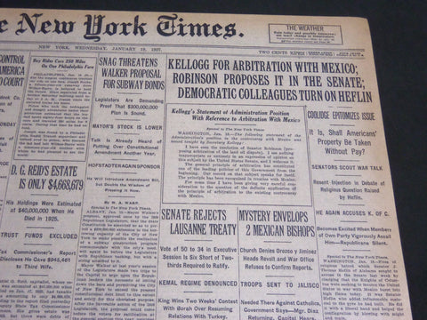 1927 JANUARY 19 NEW YORK TIMES - KELLOGG FOR ARBITRATION WITH MEXICO - NT 7135
