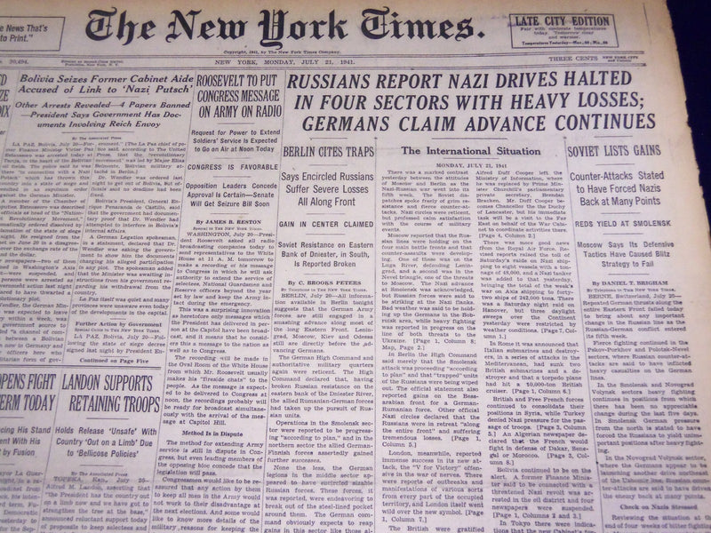 1941 JULY 21 NEW YORK TIMES - RUSSIANS REPORT NAZIS DRIVES HALTED - NT 1362