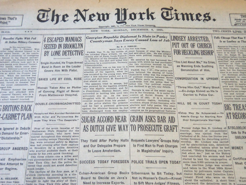 1930 DECEMBER 8 NEW YORK TIMES - 4 ESCAPED MANIACS SEIZED IN BROOKLYN - NT 5641