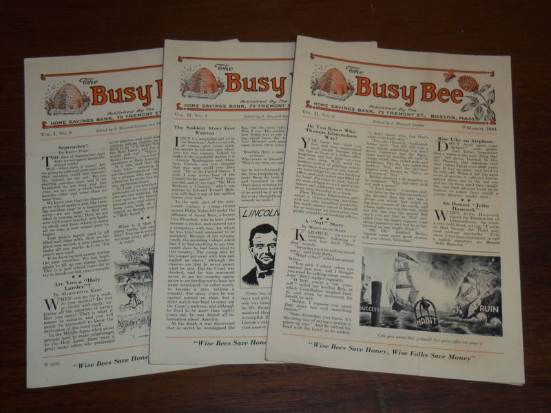 1923-1924 THE BUSY BEE MAGAZINE LOT OF 3 - HOME SAVINGS BANK BOSTON - K 1213