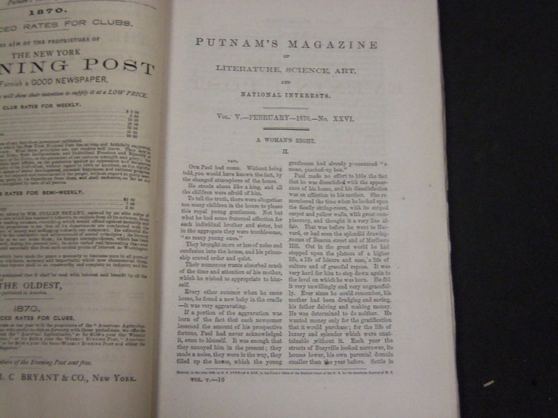 1870 PUTNAM'S MONTHLY MAGAZINE LOT OF 11 ISSUES - GREAT STORIES & ADS - WR 555