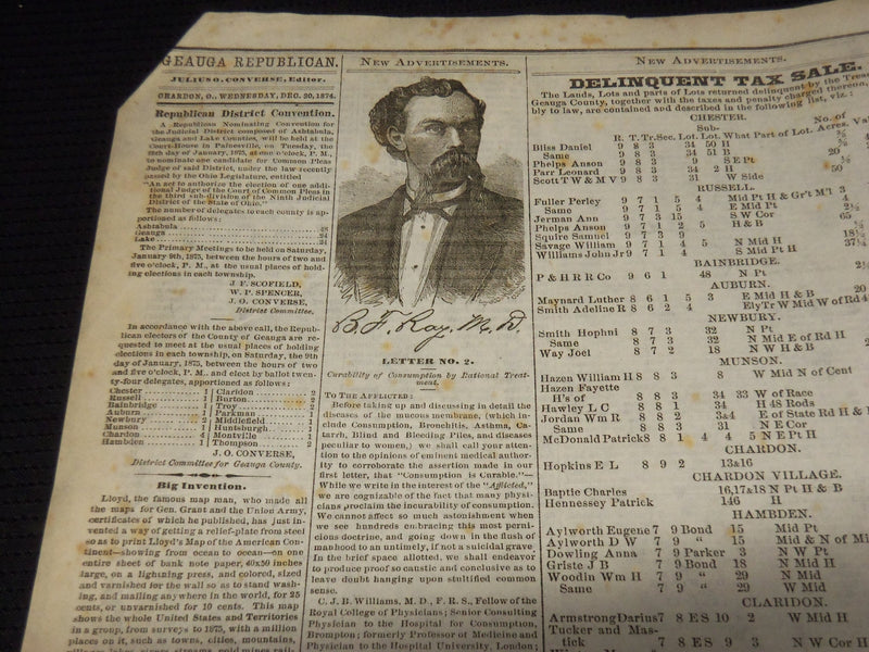 1874 DECEMBER 30 GEAUGA REPUBLICAN NEWSPAPER - CHARDON OHIO - NP 3879J