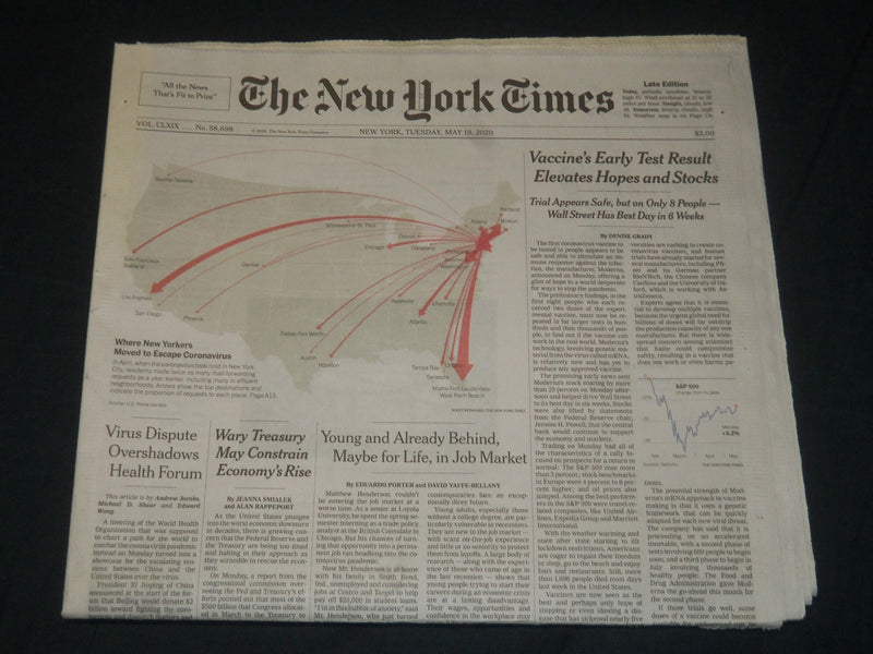 2020 MAY 19 NEW YORK TIMES - VACCINE'S EARLY TEST RESULT ELEVATES HOPES & STOCKS