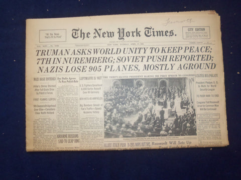 1945 APRIL 17 NEW YORK TIMES - TRUMAN ASKS WORLD UNITY TO KEEP PEACE - NP 6694