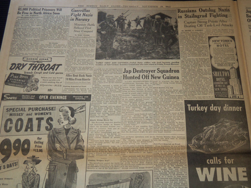 1942 NOVEMBER 19 BOSTON DAILY GLOBE NEWSPAPER - BIZERTE BATTLE ON - NT 9452