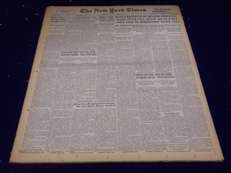 1940 MARCH 12 NEW YORK TIMES - POPE COLD TO RIBBENTROP PEACE PLEA - NT 2517