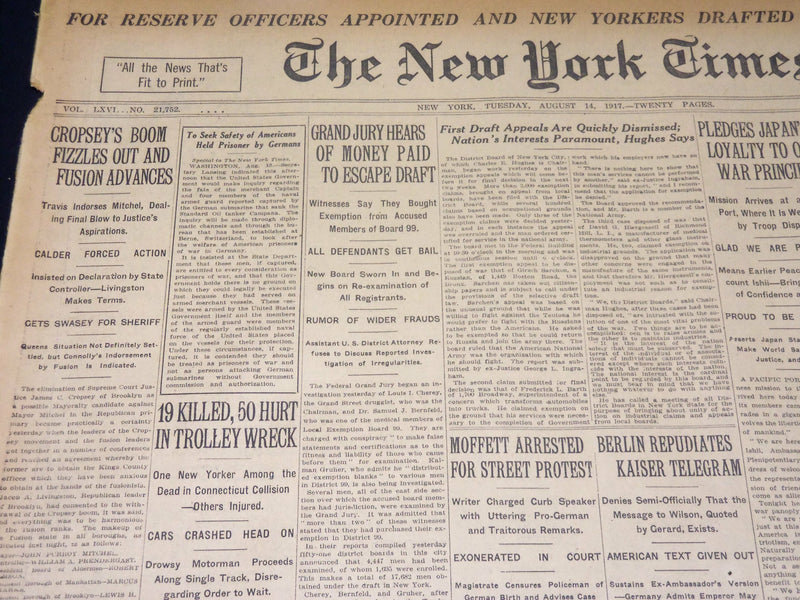 1917 AUGUST 14 NEW YORK TIMES NEWSPAPER - CROPSEY'S BOOM FIZZLES OUT - NT 8511