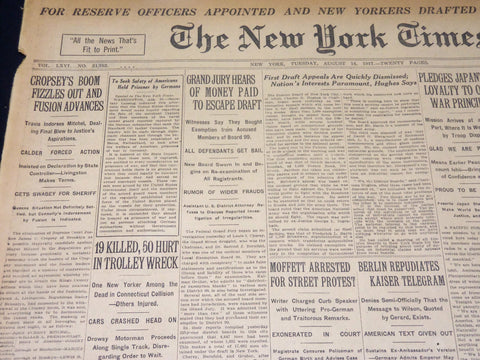 1917 AUGUST 14 NEW YORK TIMES NEWSPAPER - CROPSEY'S BOOM FIZZLES OUT - NT 8511