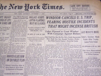 1937 NOV 6 NEW YORK TIMES - WINDSOR CANCELS U. S. TRIP FEARING INCIDENTS- NT 723