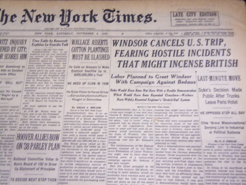 1937 NOV 6 NEW YORK TIMES - WINDSOR CANCELS U. S. TRIP FEARING INCIDENTS- NT 723