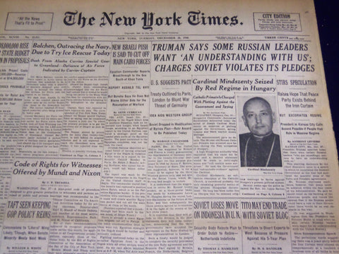 1948 DECEMBER 28 NEW YORK TIMES - CARDINAL MINDSZENTY SEIZED - NT 3761