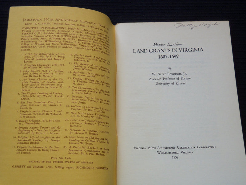 1957 MOTHER EARTH LAND GRANTS IN VIRGINIA BOOK BY W. STIT ROBINSON - J 7250