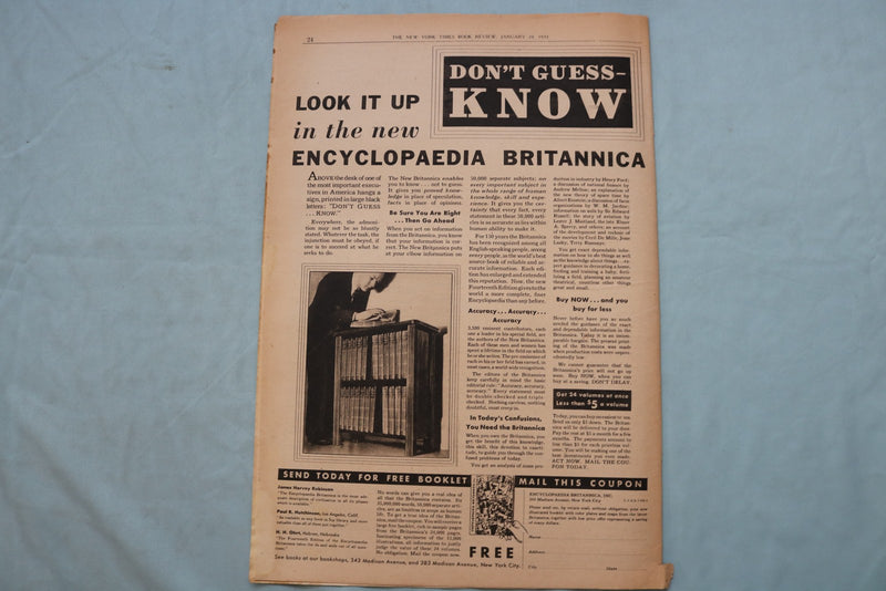 1933 JANUARY 29 NEW YORK TIMES BOOK REVIEW SECTION - SINCLAIR LEWIS - NP 9161