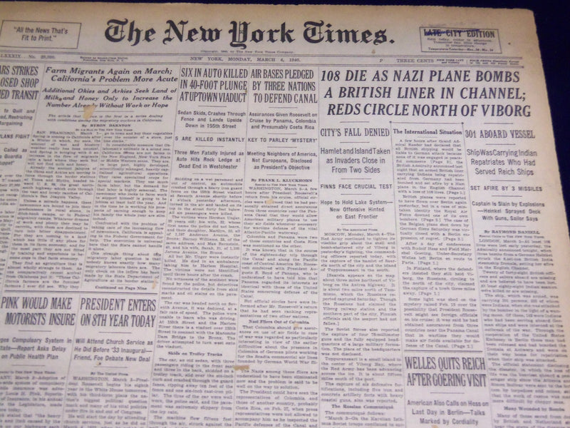 1940 MARCH 4 NEW YORK TIMES - 108 DIE AS NAZI PLANE BOMBS LINER - NT 2512