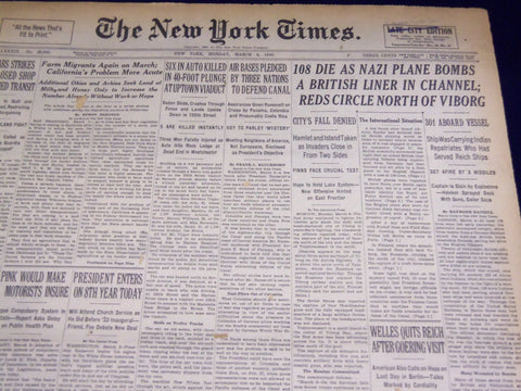 1940 MARCH 4 NEW YORK TIMES - 108 DIE AS NAZI PLANE BOMBS LINER - NT 2512
