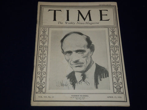 1926 APRIL 12 TIME MAGAZINE - LORD IRWIN VICEROY TO INDIA COVER - T 29