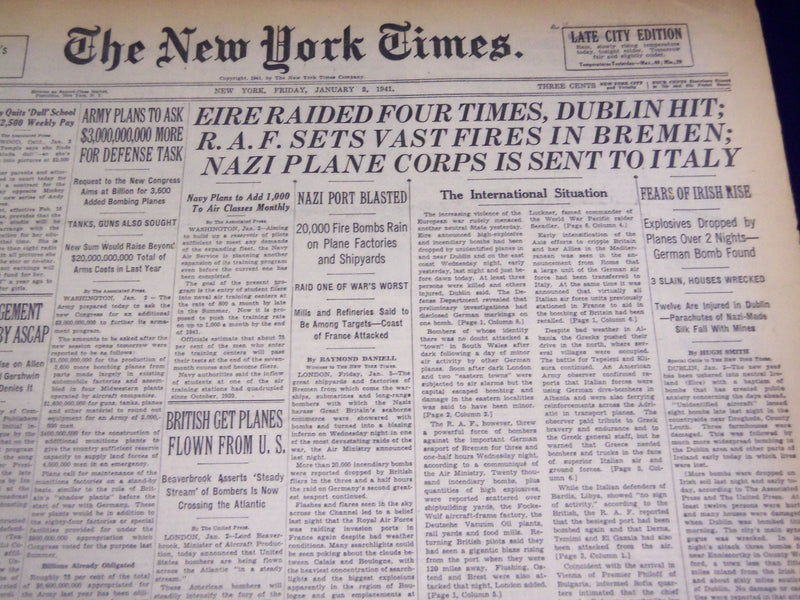 1941 JANUARY 3 NEW YORK TIMES - EIRE RAIDED FOUR TIMES, DUBLIN HIT - NT 1133