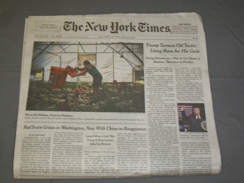 2019 JULY 21 NEW YORK TIMES - TRUMP TURNS TO OLD TACTIC; USING RACE FOR HIS GAIN