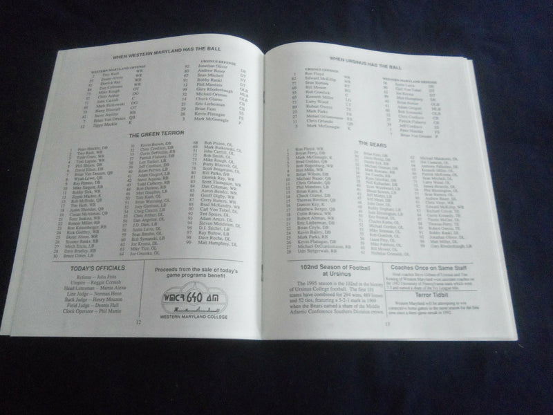 1995 SEP 23 FOOTBALL PROGRAM - WESTERN MARYLAND COLL VS URSINUS COLL - SP 1217F