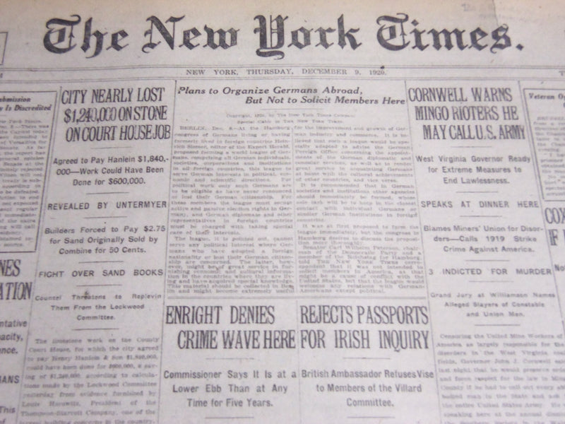 1920 DECEMBER 9 NEW YORK TIMES - WILSON DECLINES LEAGUE INVITATION - NT 6734