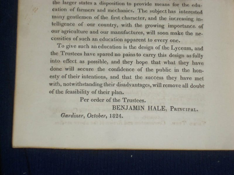 1824 GARDINER LYCEUM OFFICERS & STUDENTS CATALOGUE -BENJAMIN HALE ADDRESS-J 4786